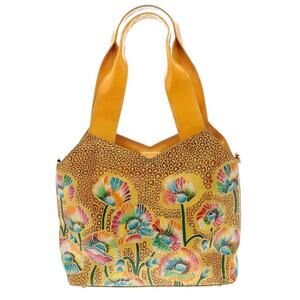 UNBRANDED hand painted leather floral animal print shoulder bag yellow purse NEW